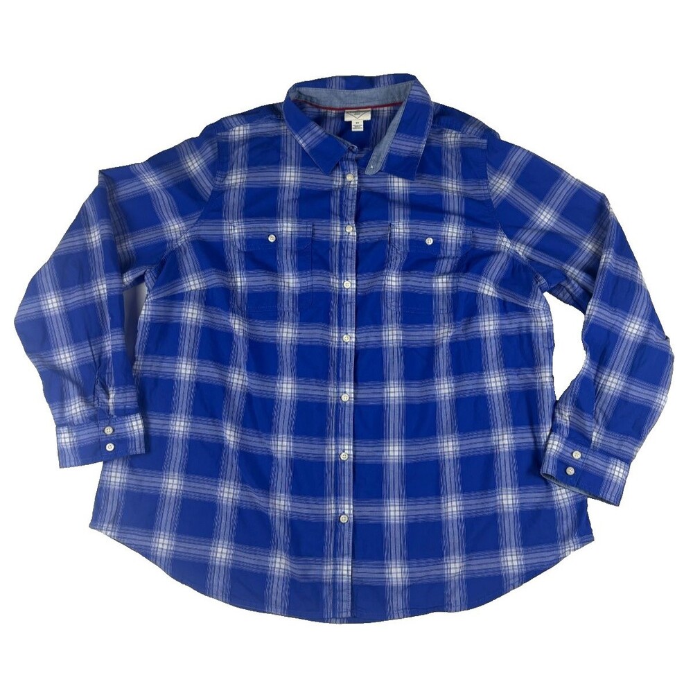 Title: St John's Bay Womens 2X Blue Plaid Button Front Shirt Cotton Long Sleeve